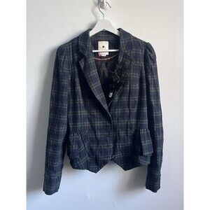 Elevenses Anthropologie Navy Green Plaid Peplum Blazer Sz 10 Renfair Festival